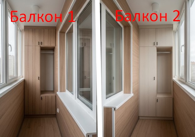 Лоджия, отделанная ламинатом, со встроенным шкафом